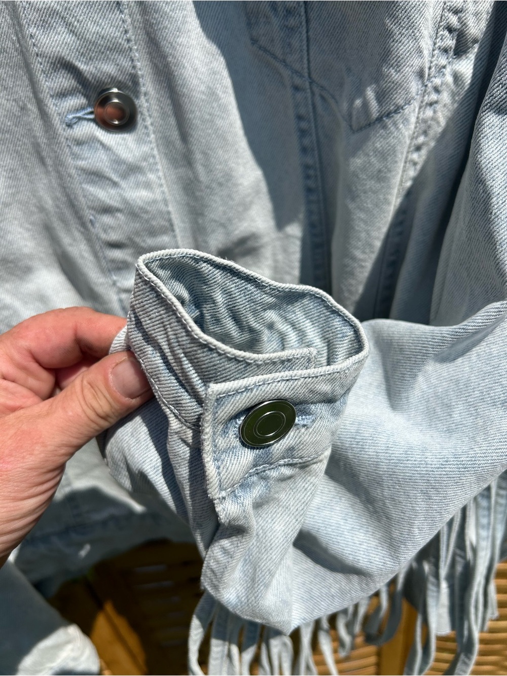 Light Gray Fringe Denim Jacket - Women - Picture 7 of 12